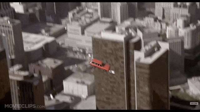 car falling from a height right through the road